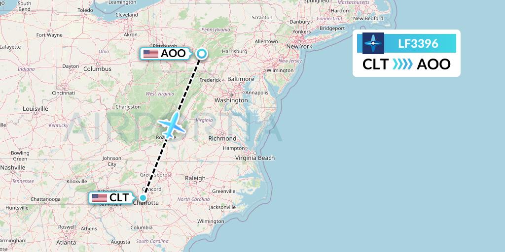 LF3396 Corporate Flight Management Flight Map: Charlotte to Altoona