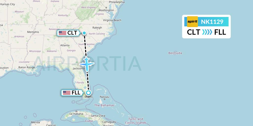NK1129 Spirit Airlines Flight Map: Charlotte to Fort Lauderdale