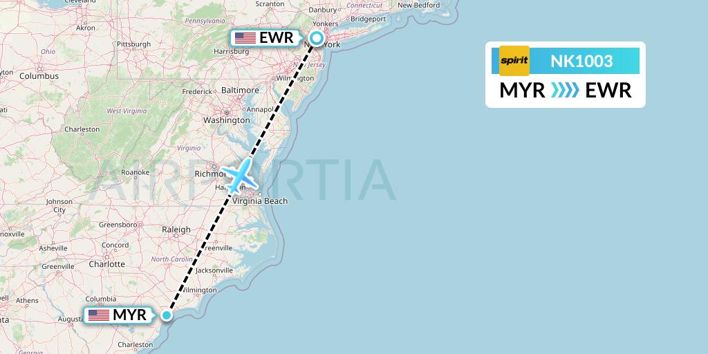 NK1003 Spirit Airlines Flight Map: Myrtle Beach to New York