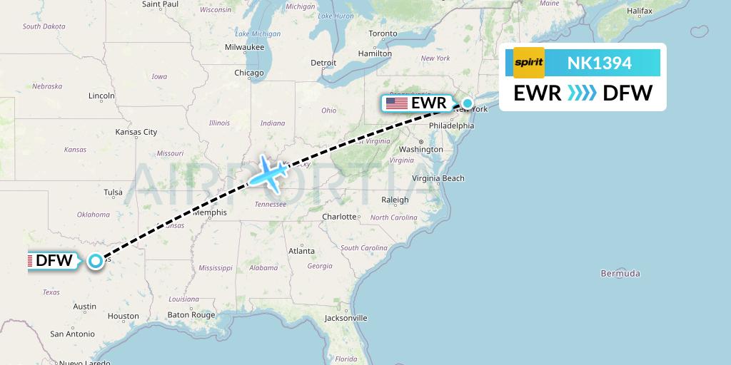 NK1394 Spirit Airlines Flight Map: New York to Dallas