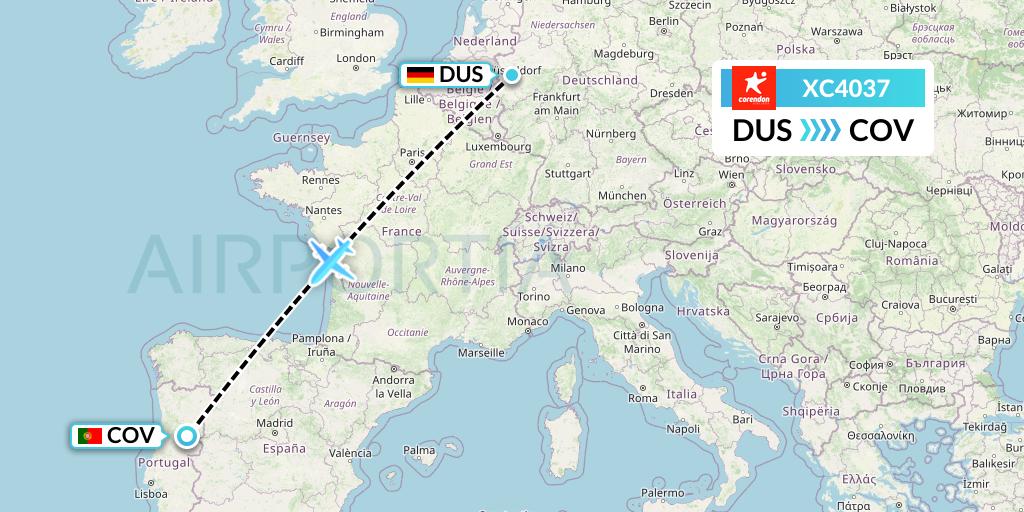 XC4037 Corendon Airlines Flight Map: Dusseldorf to Portugal