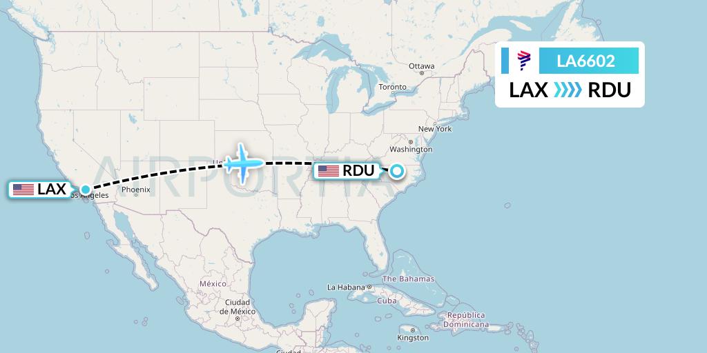 LA6602 LAN Airlines Flight Map: Los Angeles to Raleigh-Durham