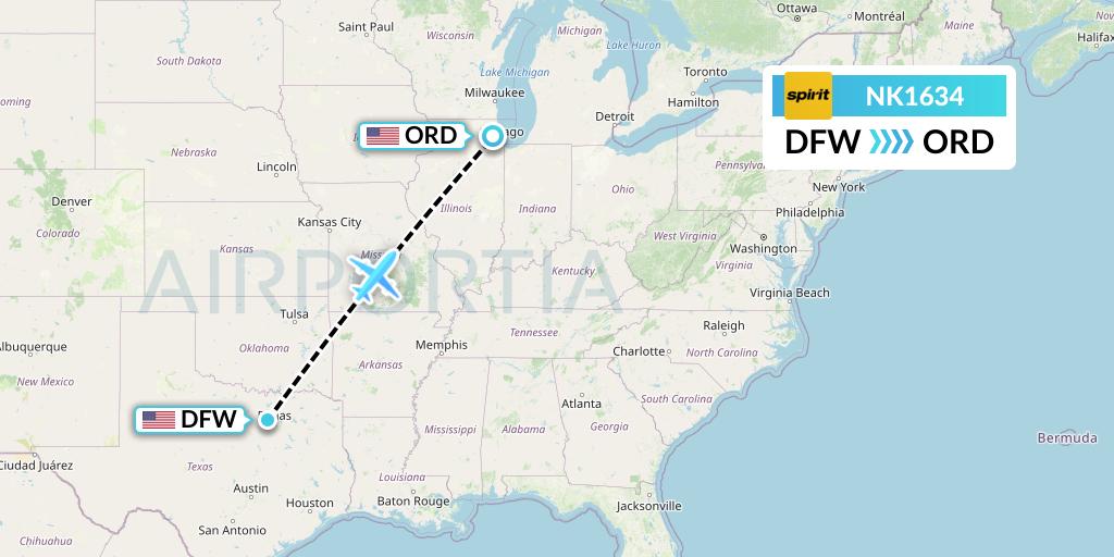NK1634 Spirit Airlines Flight Map: Dallas to Chicago