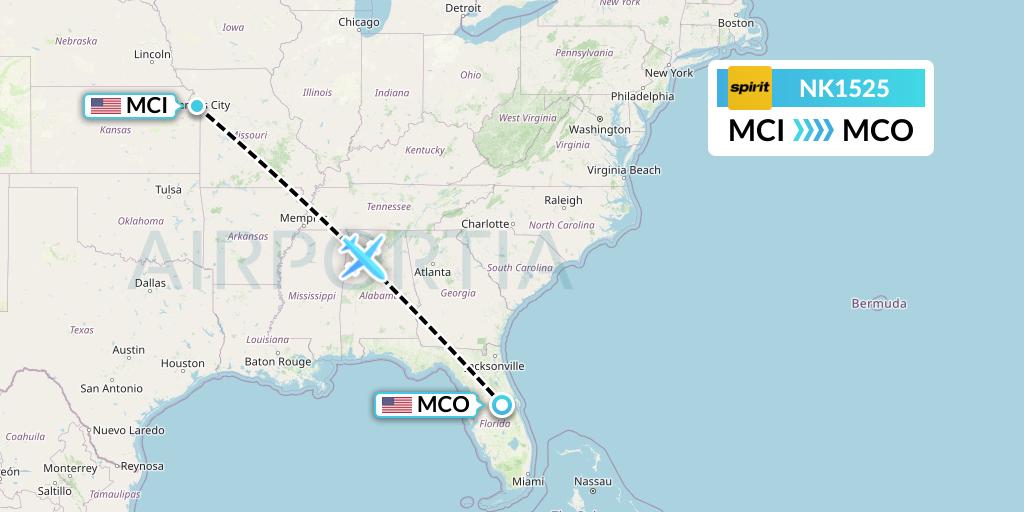 NK1525 Spirit Airlines Flight Map: Kansas City to Orlando
