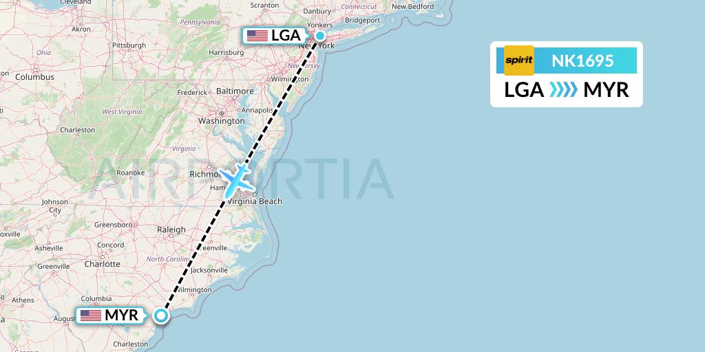 NK1695 Spirit Airlines Flight Map: New York to Myrtle Beach