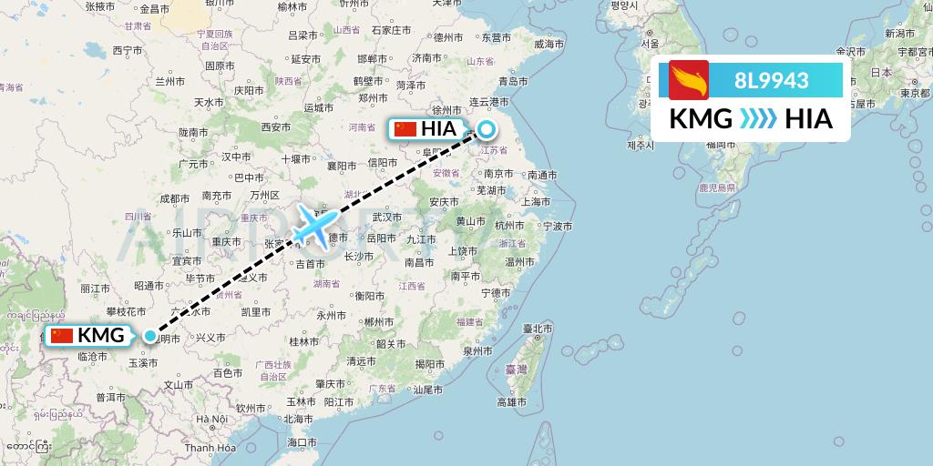 8L9943 Lucky Air Flight Map: Kunming to Huai'an