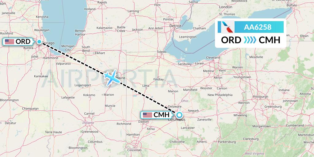 AA6258 American Airlines Flight Map: Chicago to Columbus