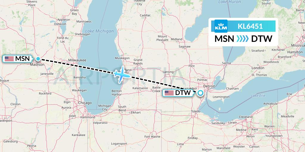 KL6451 KLM Flight Map: Madison to Detroit