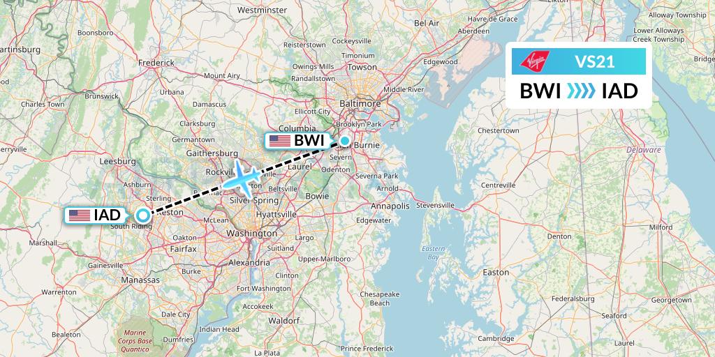 VS21 Virgin Atlantic Airways Flight Map: Baltimore to Washington