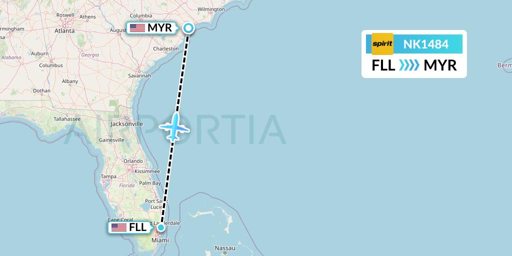 NK1484 Spirit Airlines Flight Map: Fort Lauderdale to Myrtle Beach