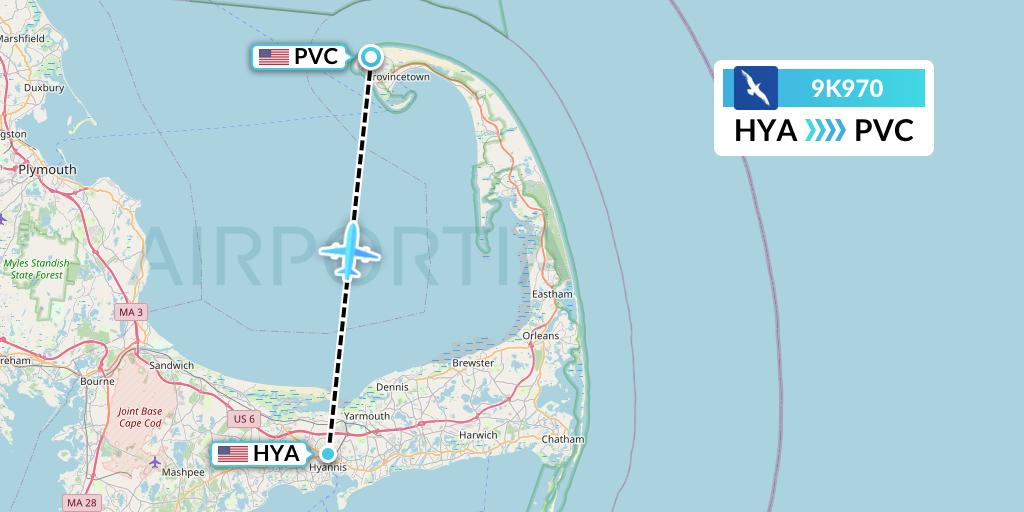9K970 Cape Air Flight Map: Hyannis to Provincetown