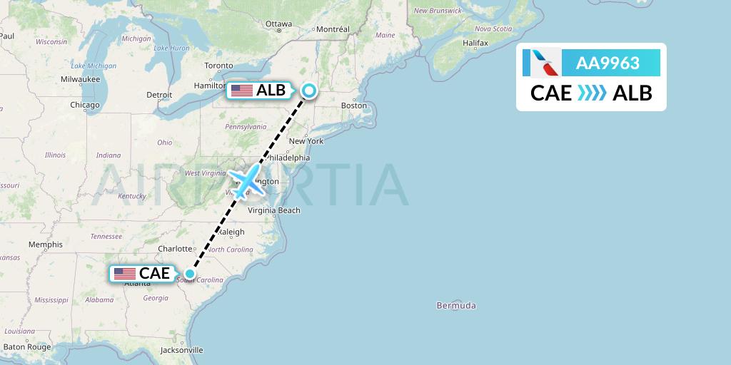 AA9963 American Airlines Flight Map: Columbia to Albany