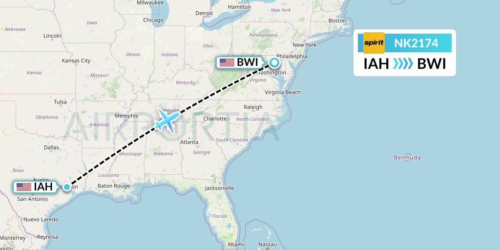 NK2174 Spirit Airlines Flight Map: Houston to Baltimore