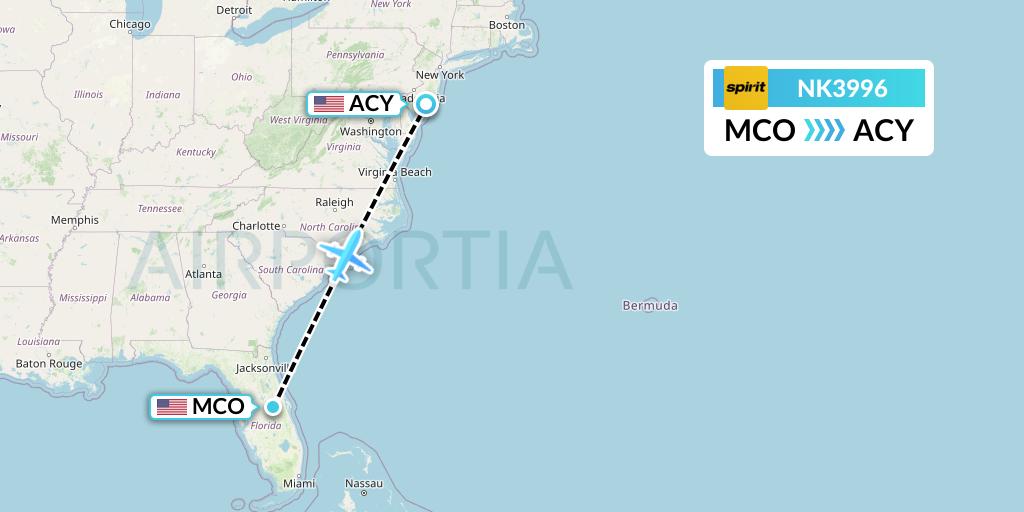 NK3996 Spirit Airlines Flight Map: Orlando to Atlantic City