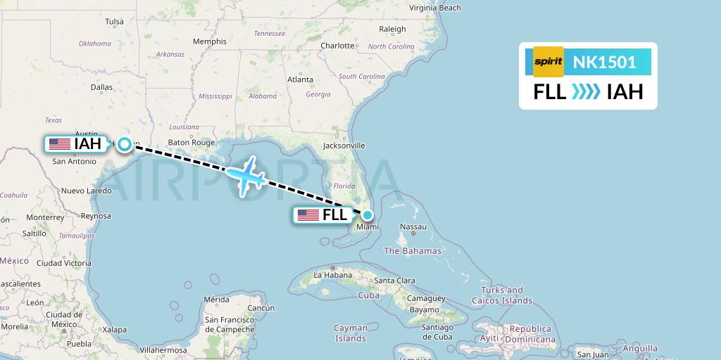 NK1501 Spirit Airlines Flight Map: Fort Lauderdale to Houston