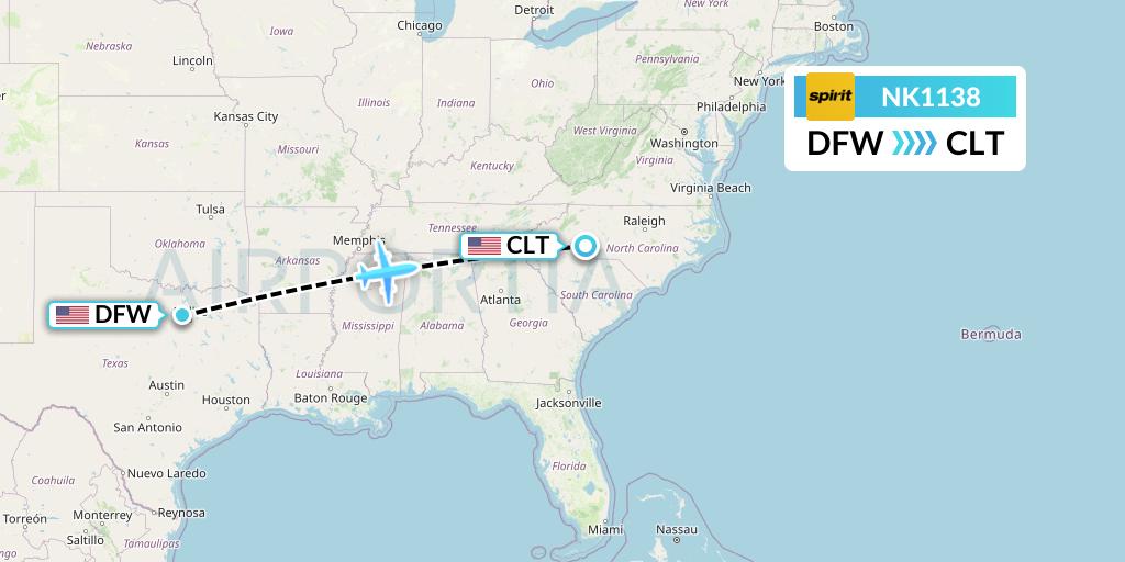 NK1138 Spirit Airlines Flight Map: Dallas to Charlotte
