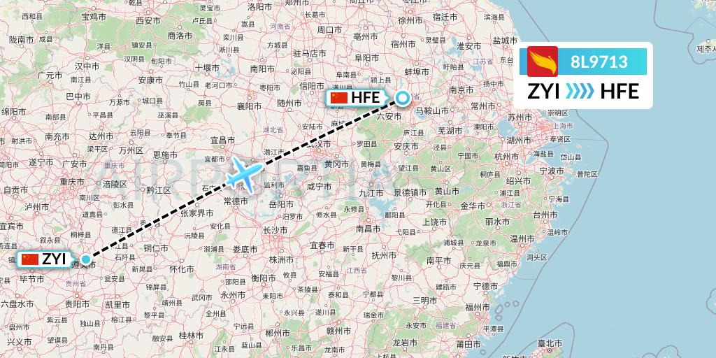 8L9713 Lucky Air Flight Map: Zunyi to Hefei