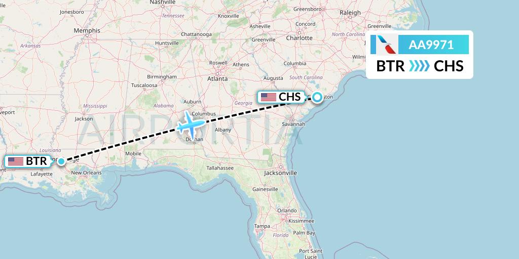 AA9971 American Airlines Flight Map: Baton Rouge to Charleston