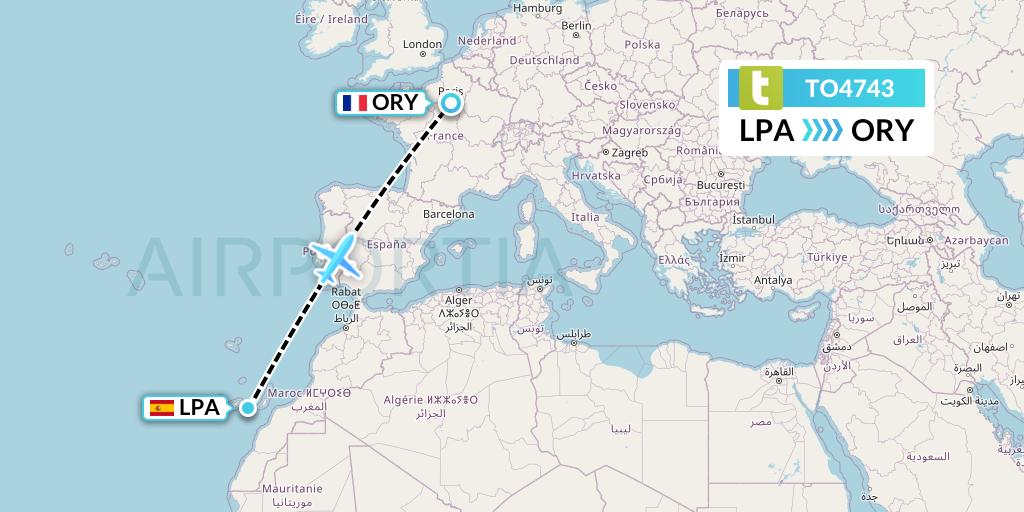 TO4743 Transavia France Flight Map: Las Palmas to Paris