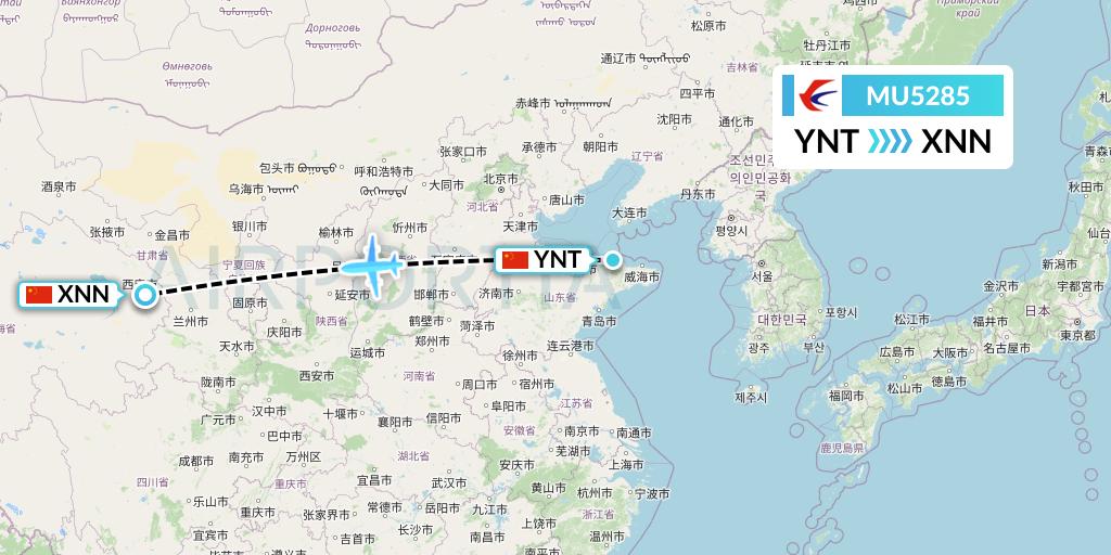 MU5285 China Eastern Airlines Flight Map: Yantai to Xining