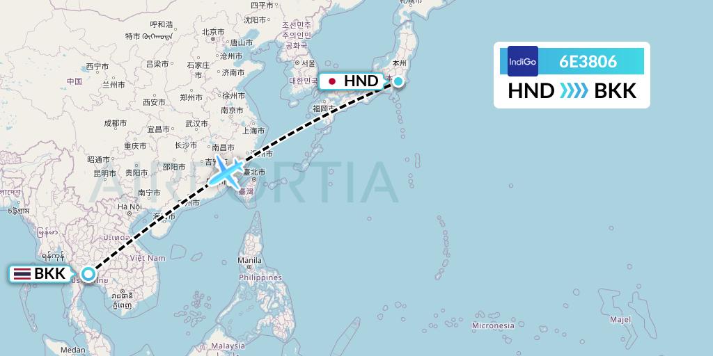 6E3806 IndiGo Airlines Flight Map: Tokyo to Bangkok