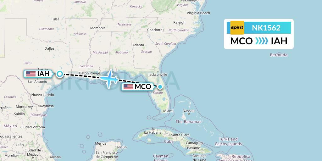 NK1562 Spirit Airlines Flight Map: Orlando to Houston