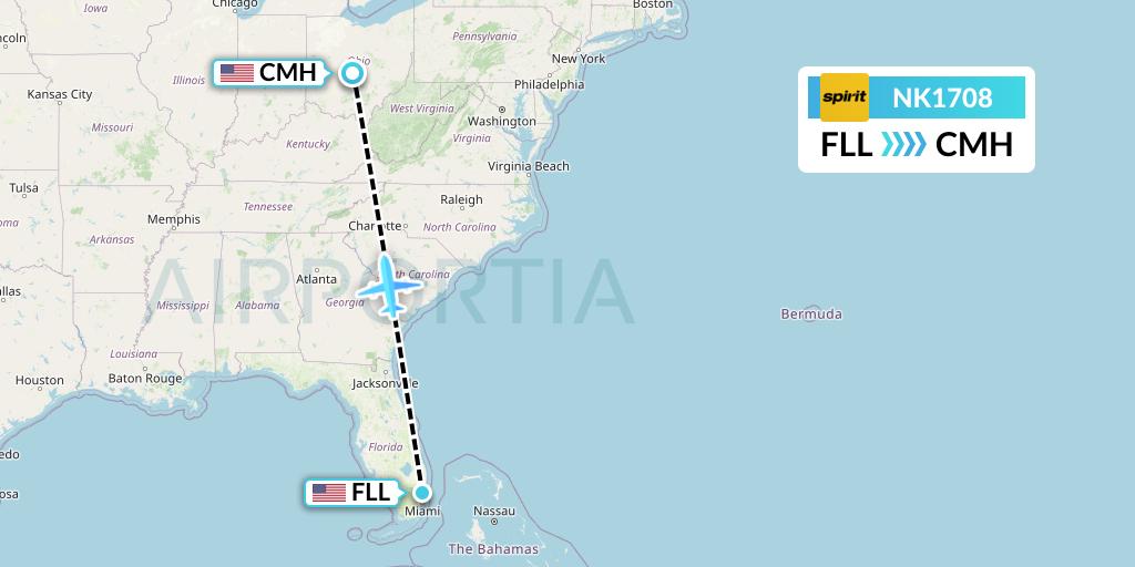 NK1708 Spirit Airlines Flight Map: Fort Lauderdale to Columbus