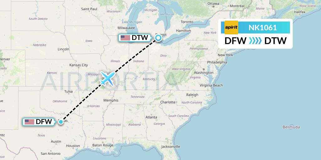 NK1061 Spirit Airlines Flight Map: Dallas to Detroit