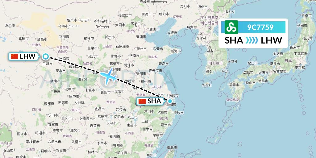 9C7759 Spring Airlines Flight Map: Shanghai to Lanzhou