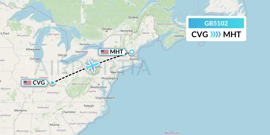 GB5102 ABX Air Flight Map: Cincinnati to Manchester