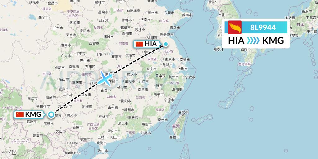 8L9944 Lucky Air Flight Map: Huai'an to Kunming