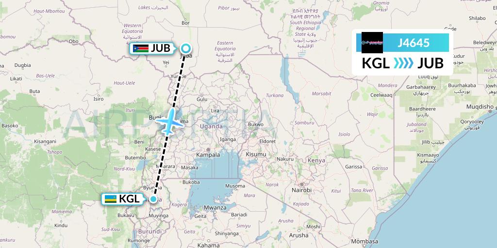 J4645 Badr Airlines Flight Map: Kigali to Juba