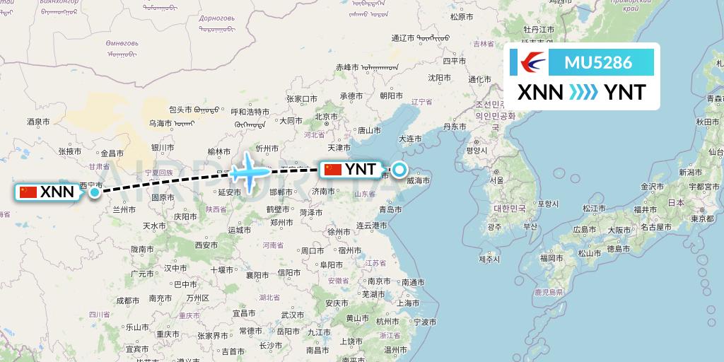 MU5286 China Eastern Airlines Flight Map: Xining to Yantai