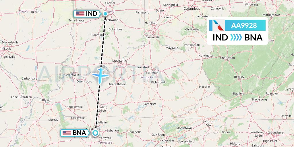 AA9928 American Airlines Flight Map: Indianapolis to Nashville