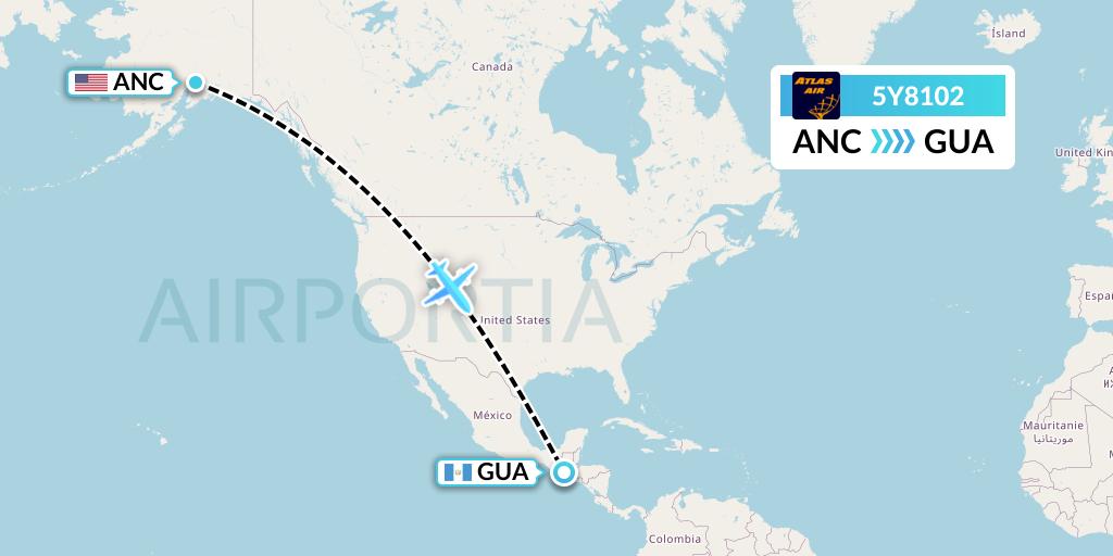 5Y8102 Atlas Air Flight Map: Anchorage to Guatemala City