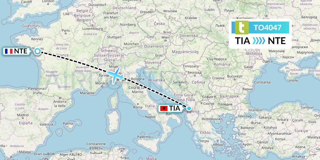 TO4047 Transavia France Flight Map: Tirana to Nantes