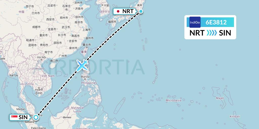 6E3812 IndiGo Airlines Flight Map: Tokyo to Singapore