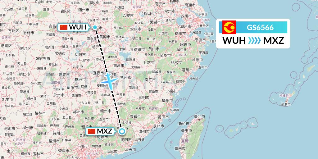 GS6566 Tianjin Airlines Flight Map: Wuhan to Meixian