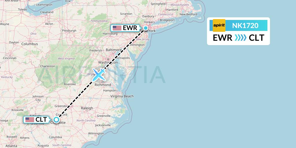 NK1720 Spirit Airlines Flight Map: New York to Charlotte