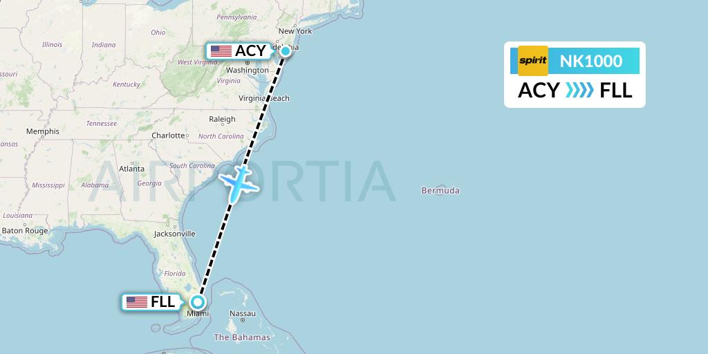 NK1000 Spirit Airlines Flight Map: Atlantic City to Fort Lauderdale