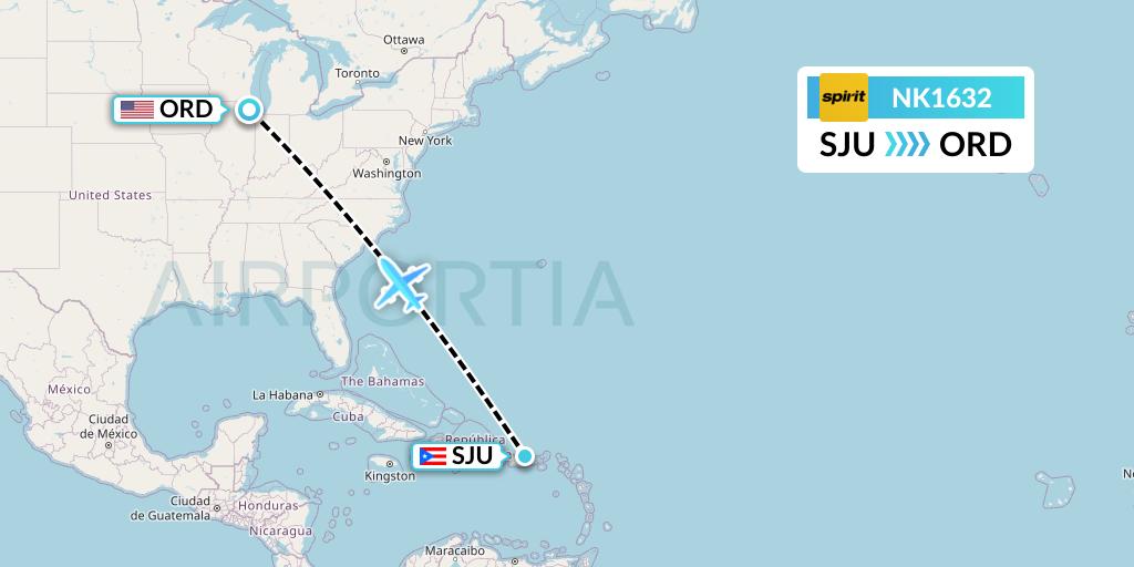 NK1632 Spirit Airlines Flight Map: San Juan to Chicago