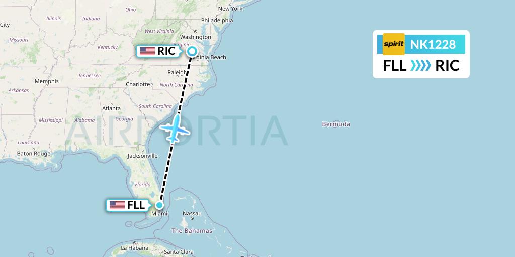 NK1228 Spirit Airlines Flight Map: Fort Lauderdale to Richmond