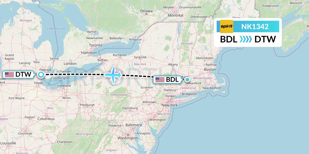 NK1342 Spirit Airlines Flight Map: Windsor Locks to Detroit
