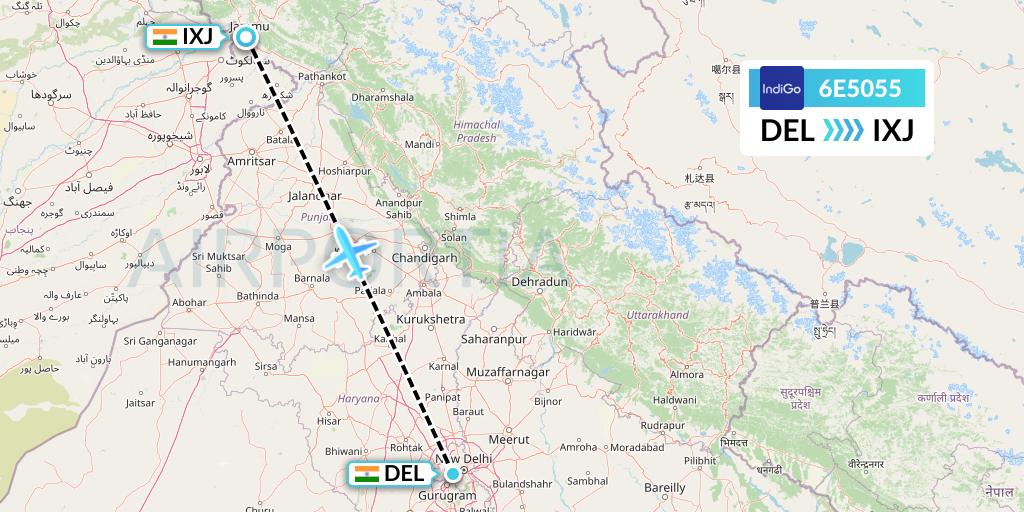 6E5055 IndiGo Airlines Flight Map: Delhi to Jammu