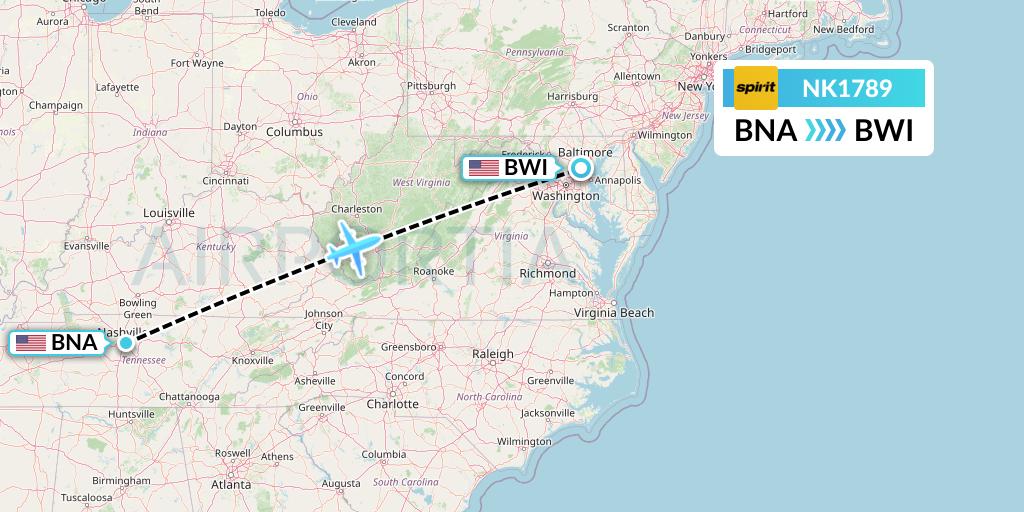 NK1789 Spirit Airlines Flight Map: Nashville to Baltimore