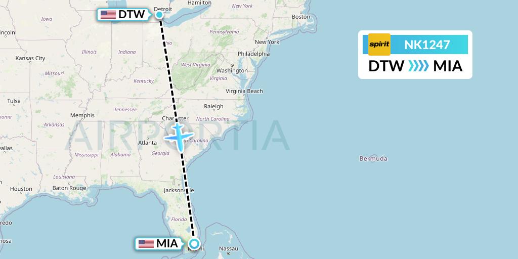 NK1247 Spirit Airlines Flight Map: Detroit to Miami