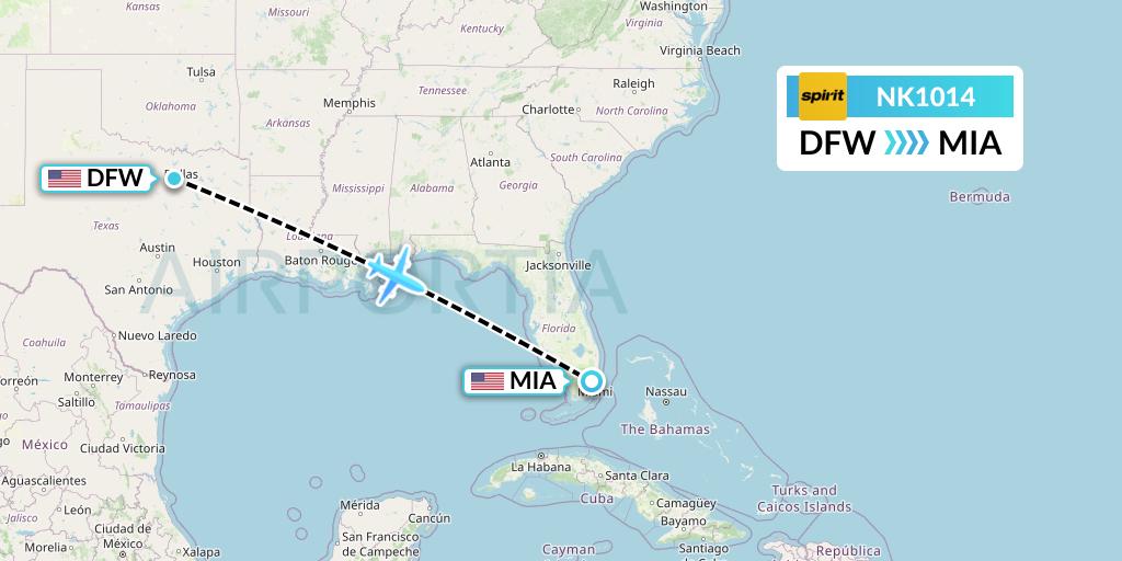 NK1014 Spirit Airlines Flight Map: Dallas to Miami
