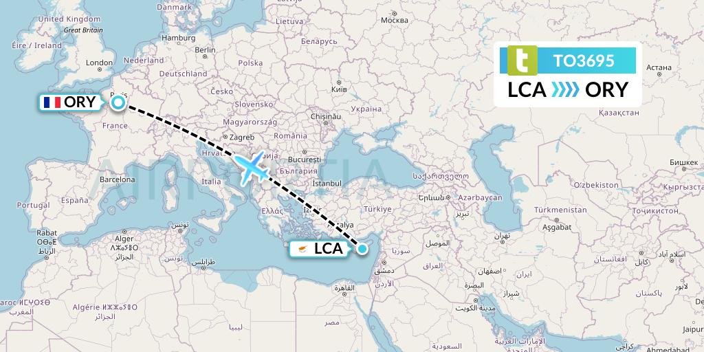 TO3695 Transavia France Flight Map: Larnaca to Paris