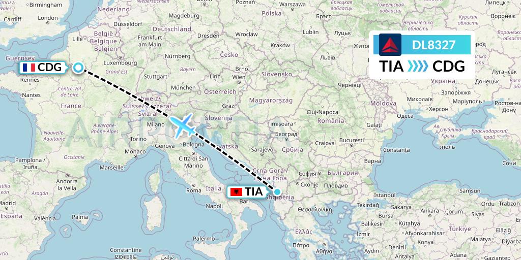 DL8327 Delta Air Lines Flight Map: Tirana to Paris