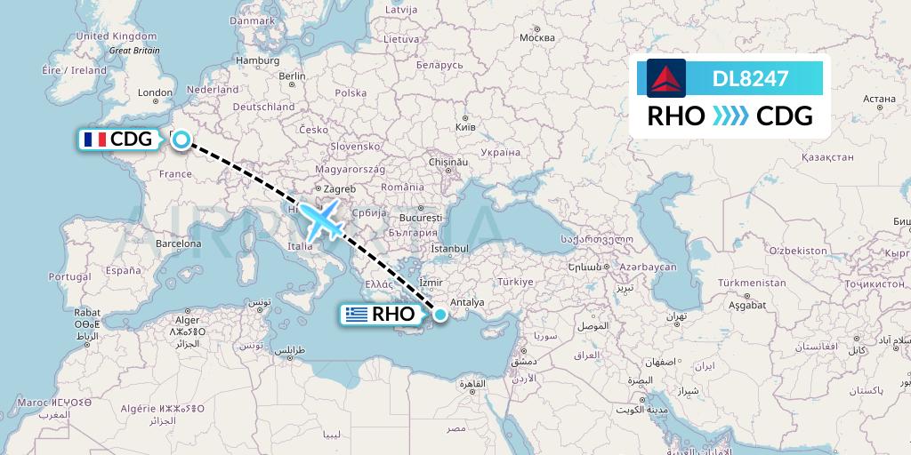 DL8247 Delta Air Lines Flight Map: Rhodes to Paris